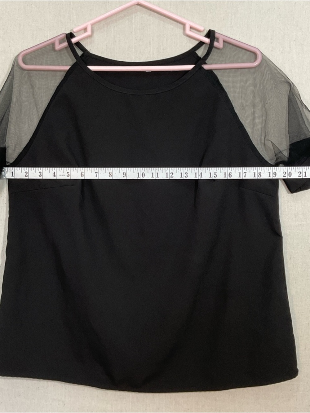 Black Mesh Sheer Sleeves Short Sleeve Blouse/Top-Large A*++